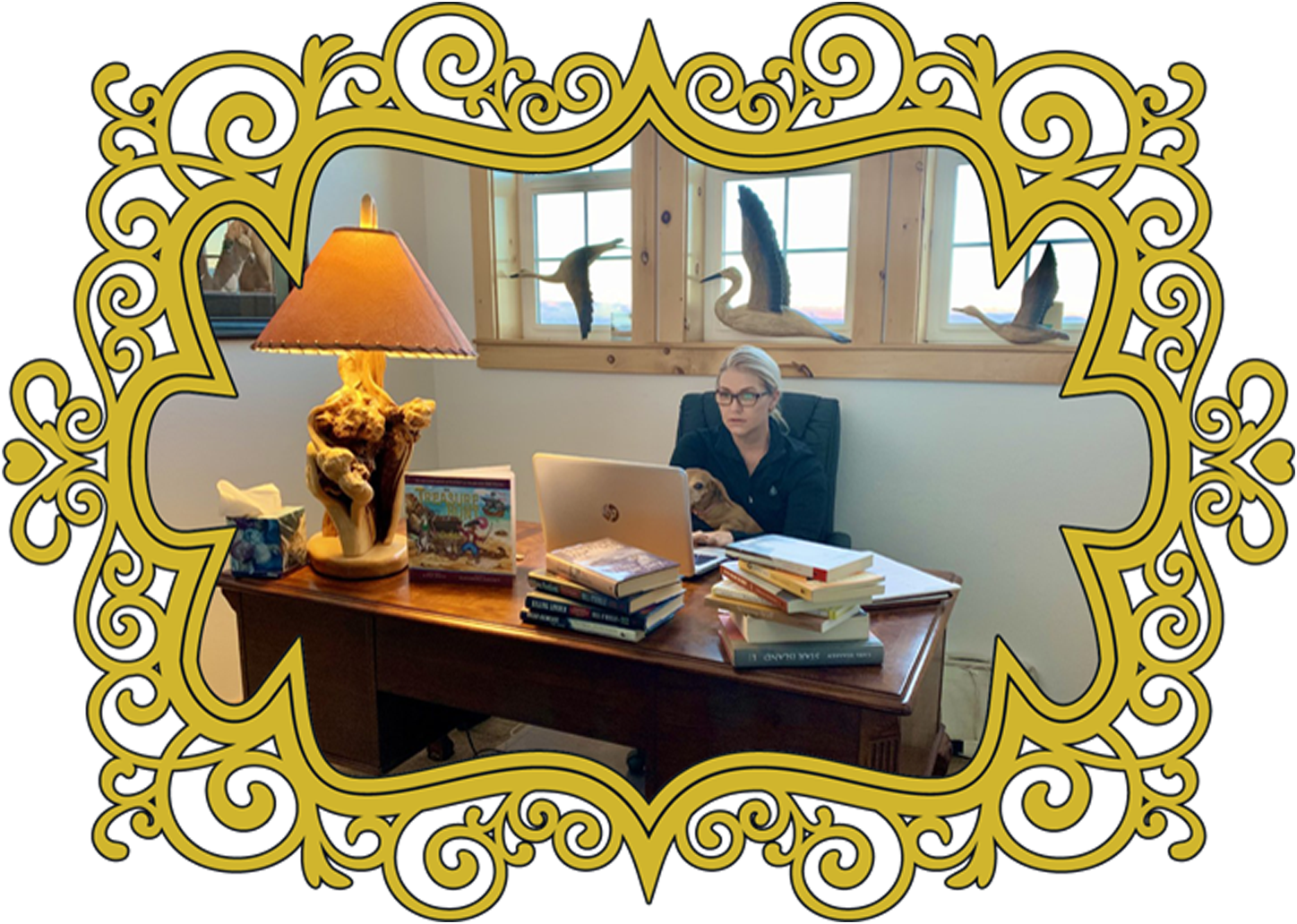 Kimm Irwin author of the childrens book series The Adventures of Flossy and Pebbles the Dane at her writing desk
