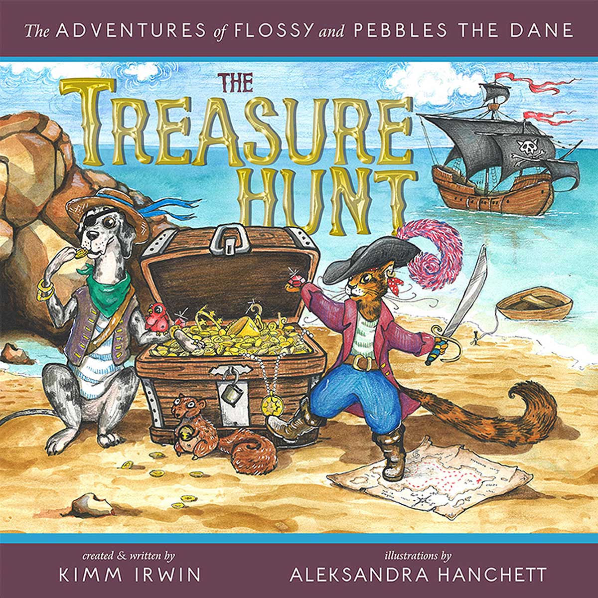 Children's book cover with cute illustrated dog and cat wearing pirate costumes and standing by a treasure chest