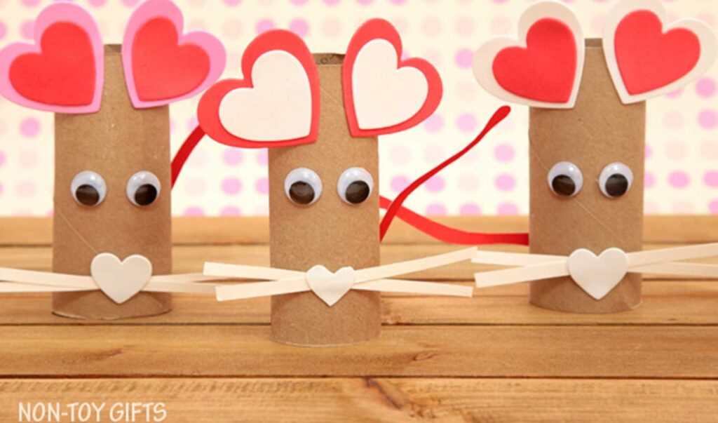 cute Valentine craft for preschoolers:  mouse with heart ears and nose, toilet paper roll body, and googly eyes