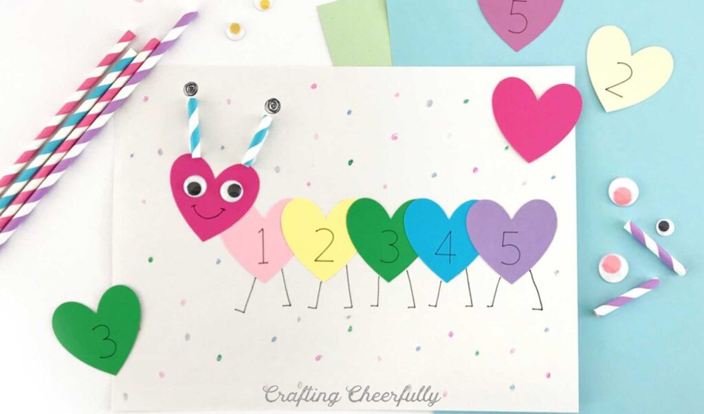 Valentine crafts for preschoolers - a cute caterpillar made from paper hearts