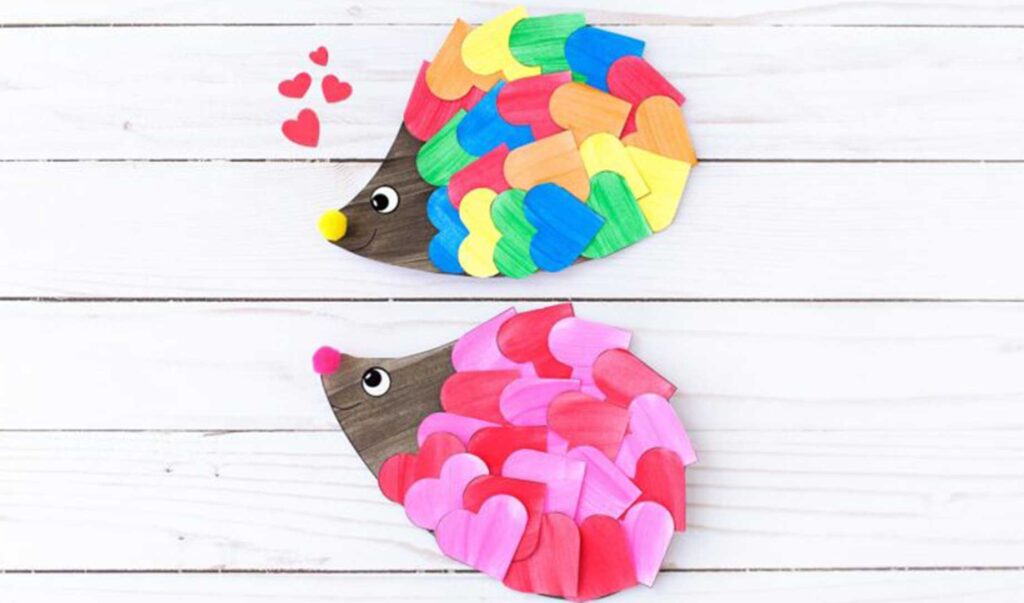 hedgehog with layered paper hearts for the body one of the adorable Valentine crafts for preschoolers