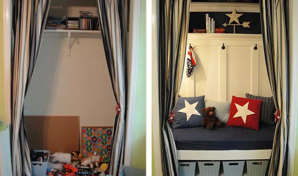 before and after photos of a closet reading nook decorated in red, white, and blue.