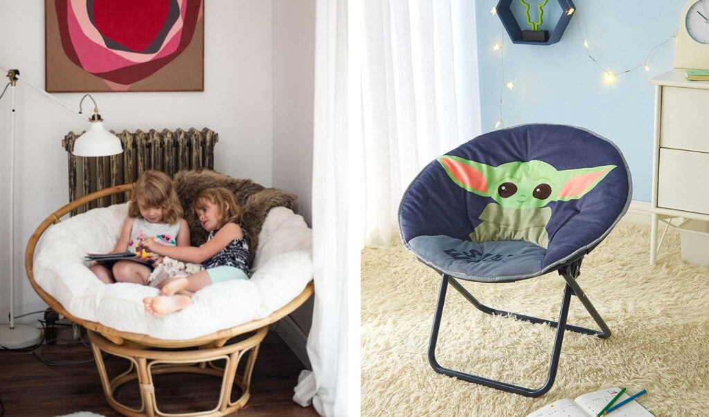2 young girls reading a book in a papasan chair on the left, and a kids saucer chair with The Child printed on it on the right.
