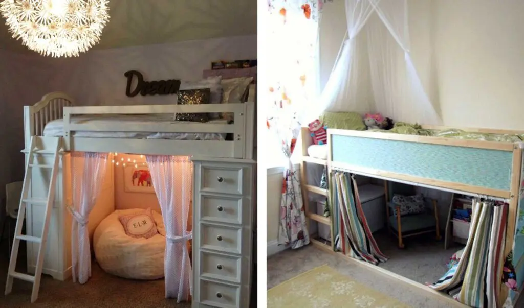 2 loft bed reading nook ideas-one is a white loft bed with white curtains, fairy lights, and a fluffy bean bag chair in the reading space; the other is a light blue and light wood loft bed with colorful striped curtains, a small chair, and a bookcase in the reading area beneath the bed.