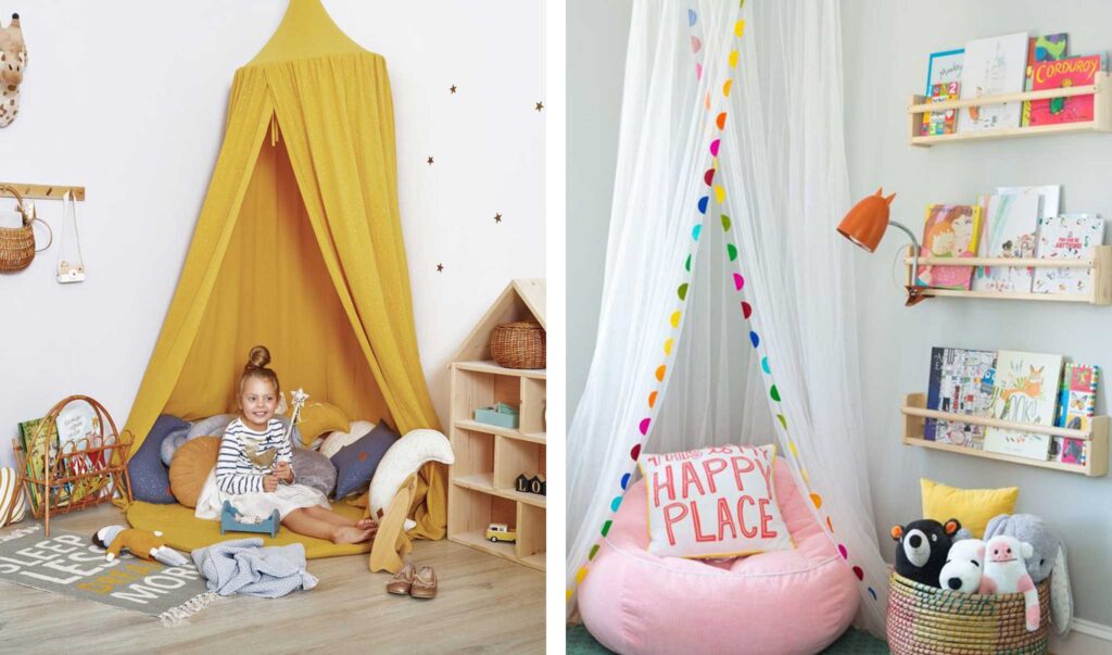 2 kids canopy reading nooks; one is gold and the other is sheer white with rainbow colored trim.
