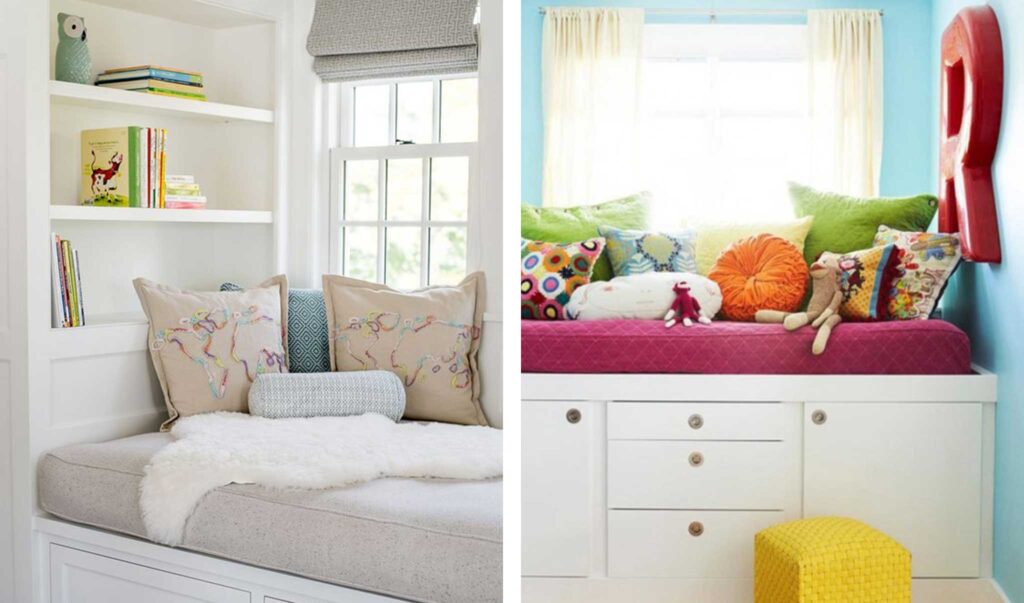 2 examples of window seat book nooks, one using soft neutrals and the other using bright colors