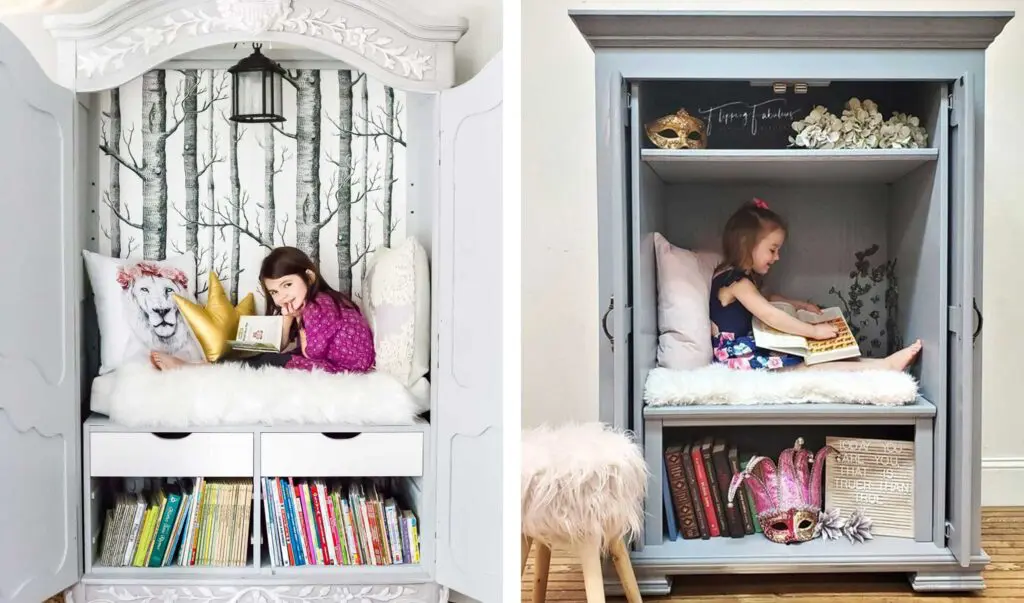 2 examples of wardrobes or armoires converted to reading nooks.