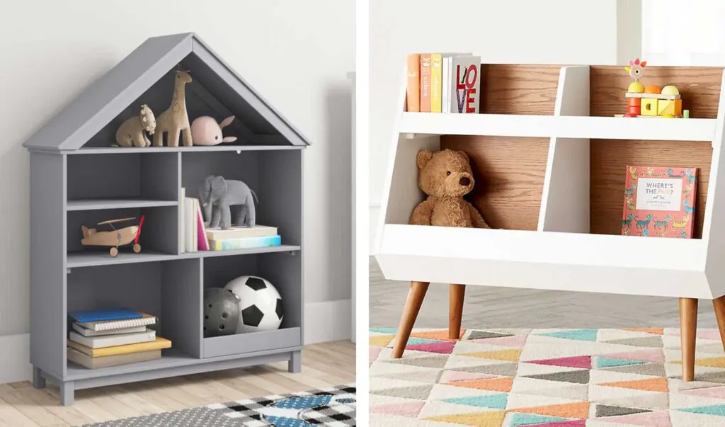 On the left is a grey children's bookcase shaped like a house; on the right is a white and wood mid-century modern bookcase filled with kids' books and toys.