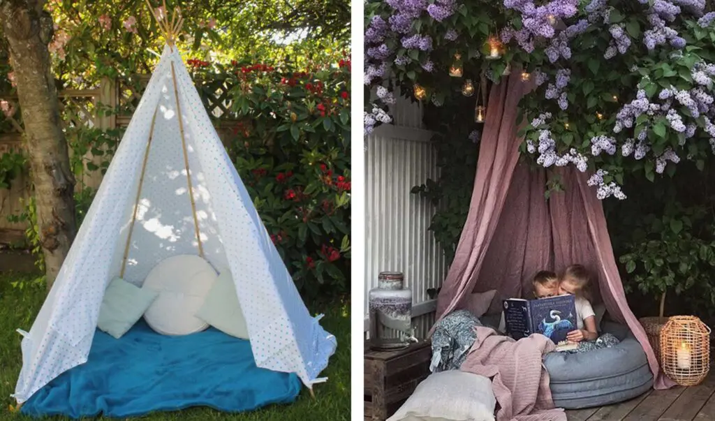 2 outdoor reading nooks for kids-one is a teepee and one is a canopy over a plush floor cushion.