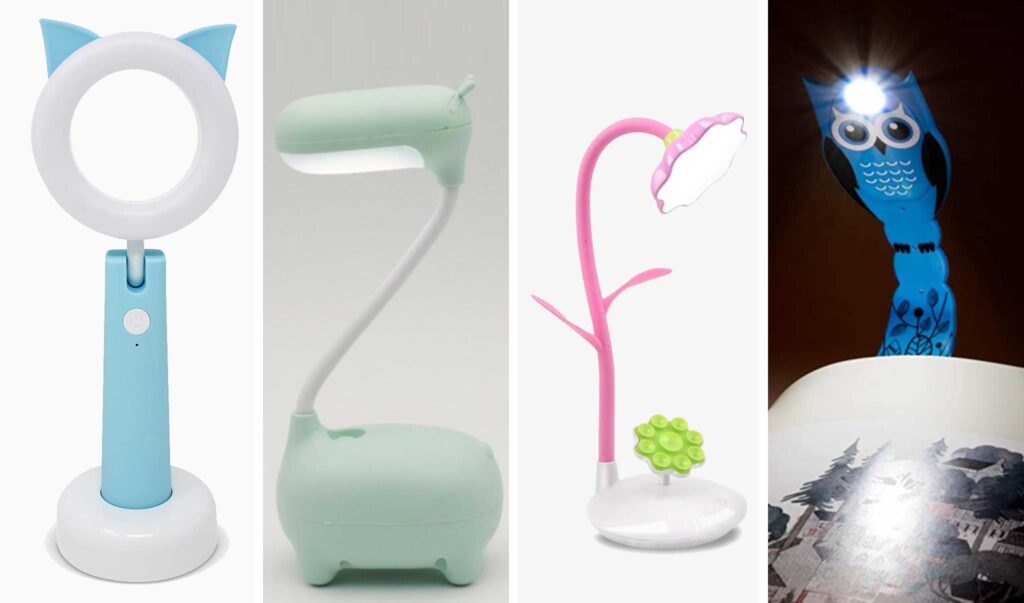 Table and clip lights for kids reading nook; a white and light blue lmap with cat ears, a deer shaped light green lamp, a pink flower shaped light, and an owl light that clips onto a book.